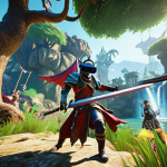 A person wearing a VR headset, fully immersed in a vibrant MMORPG world, swinging a sword in a battle scene with fantastical creatures and lush scenery. Focus on the immersive experience and detailed environment.