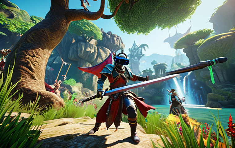 A person wearing a VR headset, fully immersed in a vibrant MMORPG world, swinging a sword in a battle scene with fantastical creatures and lush scenery. Focus on the immersive experience and detailed environment.