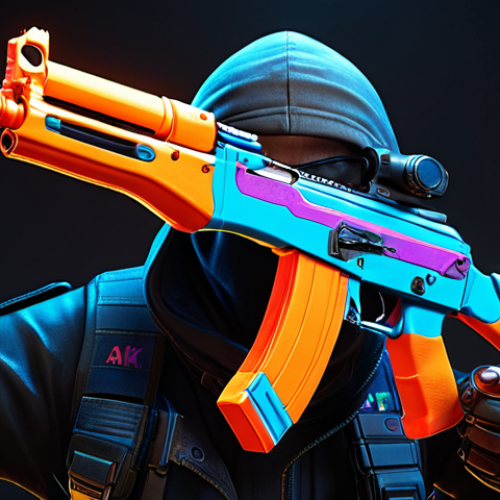 Home 6 ** A Crossfire character holding a vibrant, neon-colored AK-47 skin in a first-person view, showcasing the personalized style and in-game expression. Focus on the skin's details and the immersive gaming environment.
**